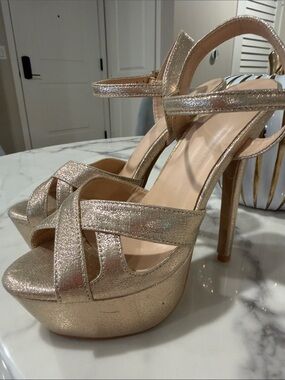 Women’s Champagne Gold Glitter Platform High Heel Sandals Size 35 New